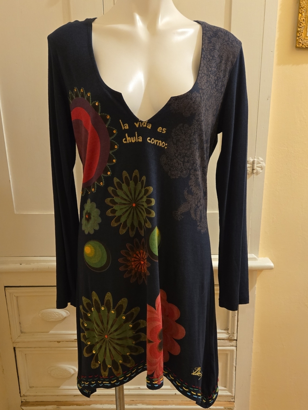 Desigual dark navy print, embellished knit dress Sz XL 🎁